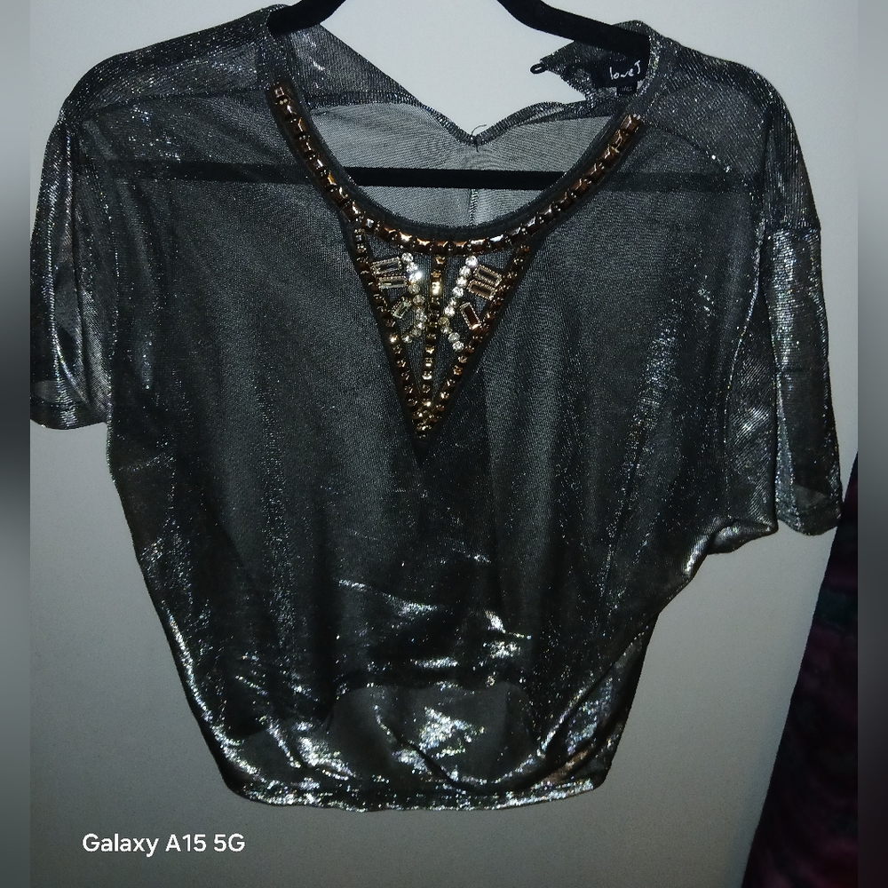 Metallic Sheer Top with Embellished Neckline